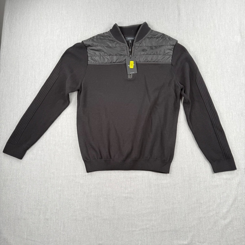 Bugatchi Mens Caviar Black Mixed Media Quilted Quarter Zip Pullover CH200HZ1 XL